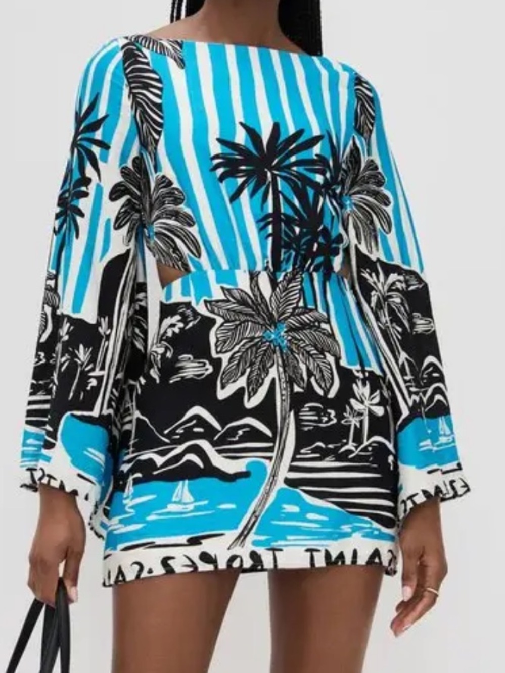Tropical Palm Print Mini Dress in Bright Blue & Black